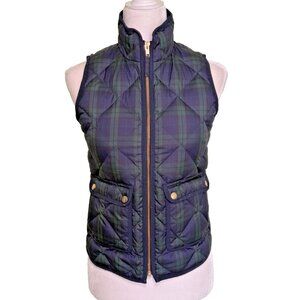 J.Crew Women's Petite Navy/Green Plaid Quilted Puffer Vest Pockets Size PXXS